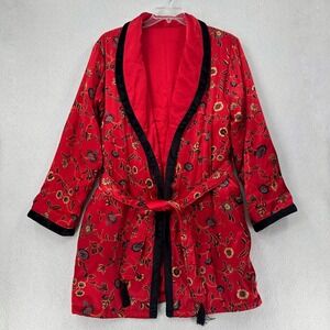 Jaclyn Smith Quilted Asian Robe Reversible Floral Satin Red SMALL Belted Pockets